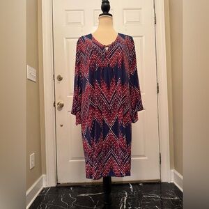 Signature by Robbie Bee Red, Blue & White Patterned Dress, Sz L
